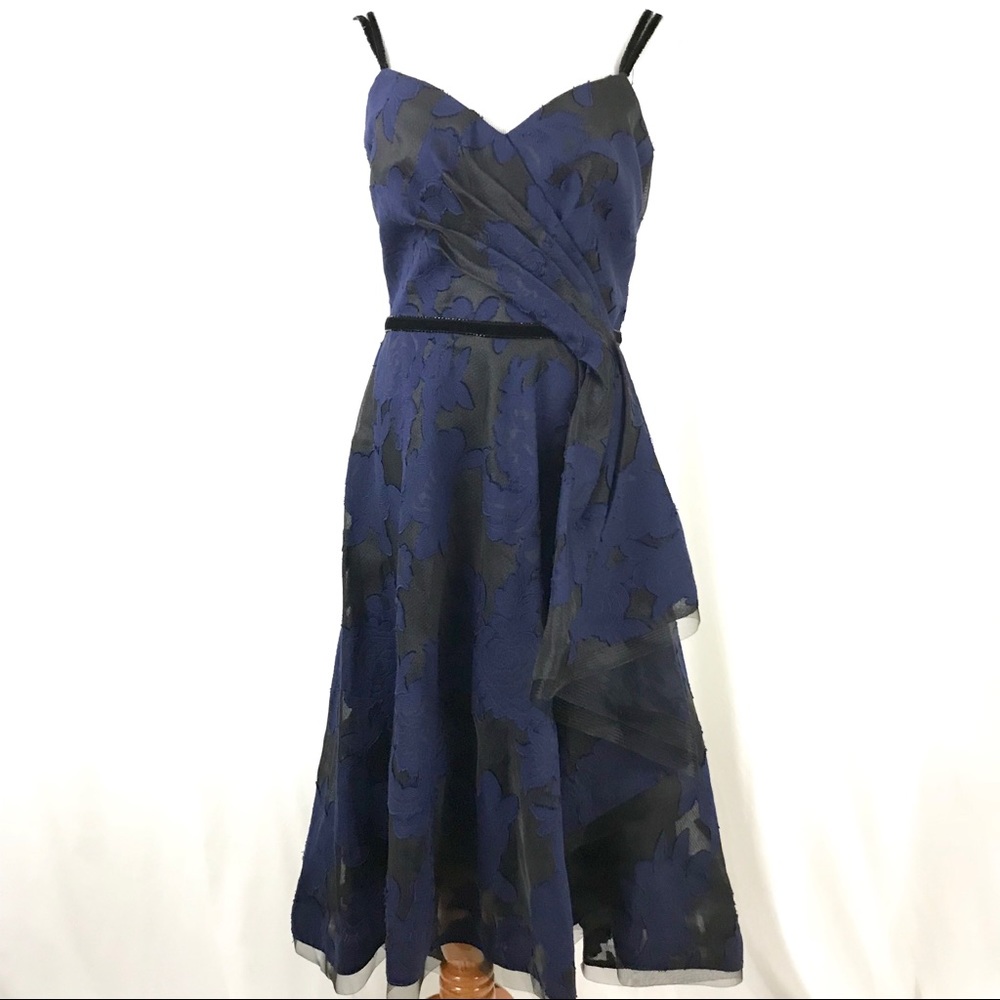 Pamella Roland Navy and Black Floral A-Line Midi Dress